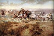 unknow artist Attack on the wagon Train painting